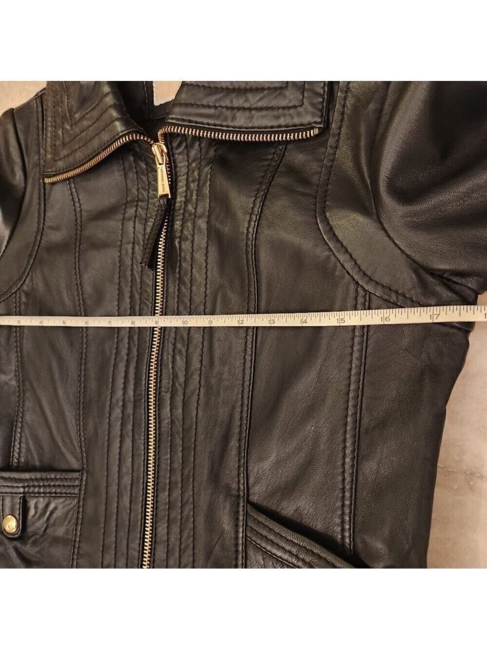 Michael Kors Missy Leather Full Zip Jacket Black Wing Collar Size S - Picture 12 of 13